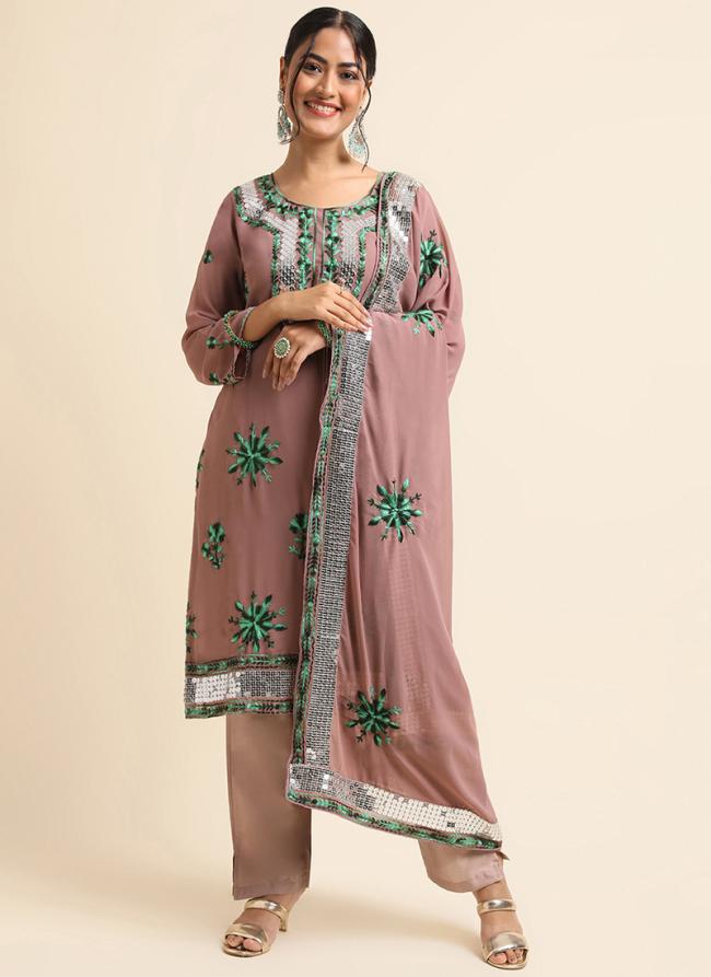 Faux Georgette Brown Traditional Wear Zari Work Straight Suit